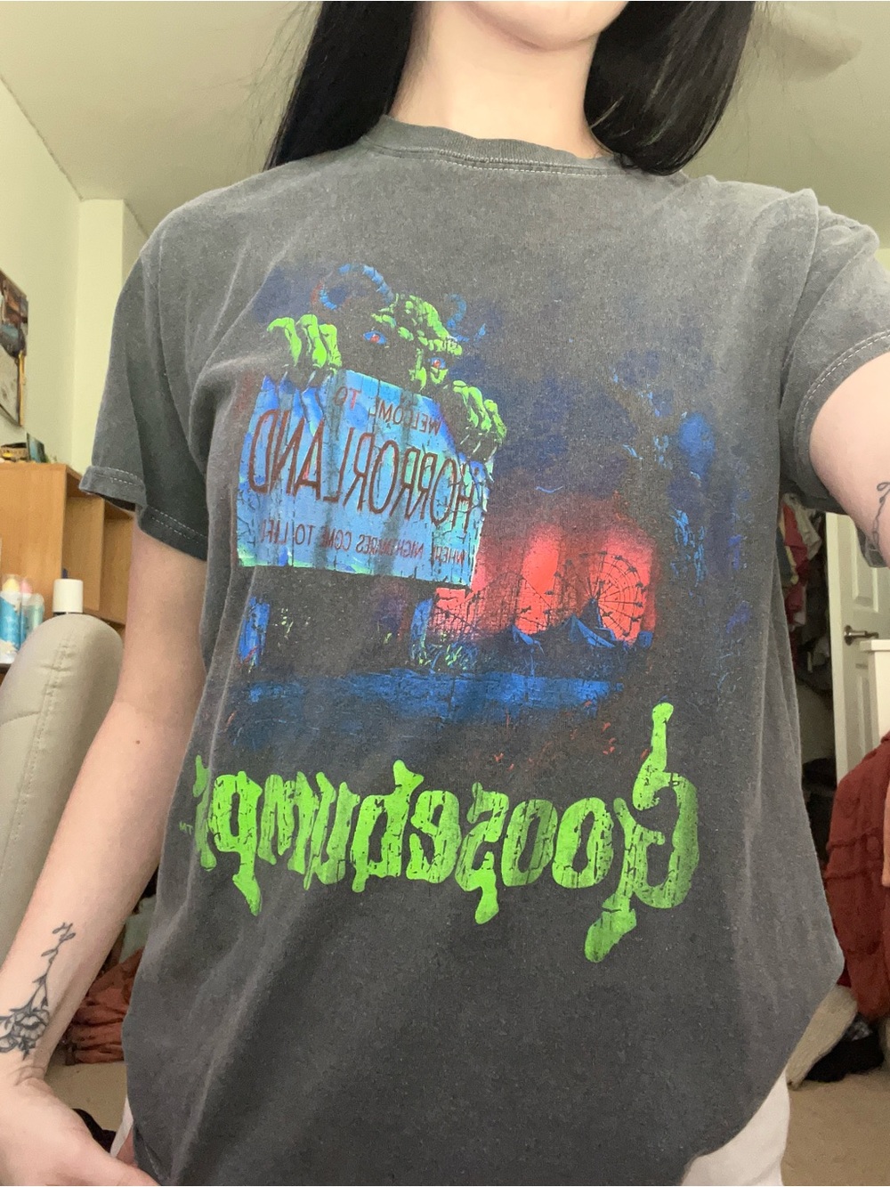 Goosebumps Women’s Short Sleeve Graphic Tee - Washed Black with Neon Green Print